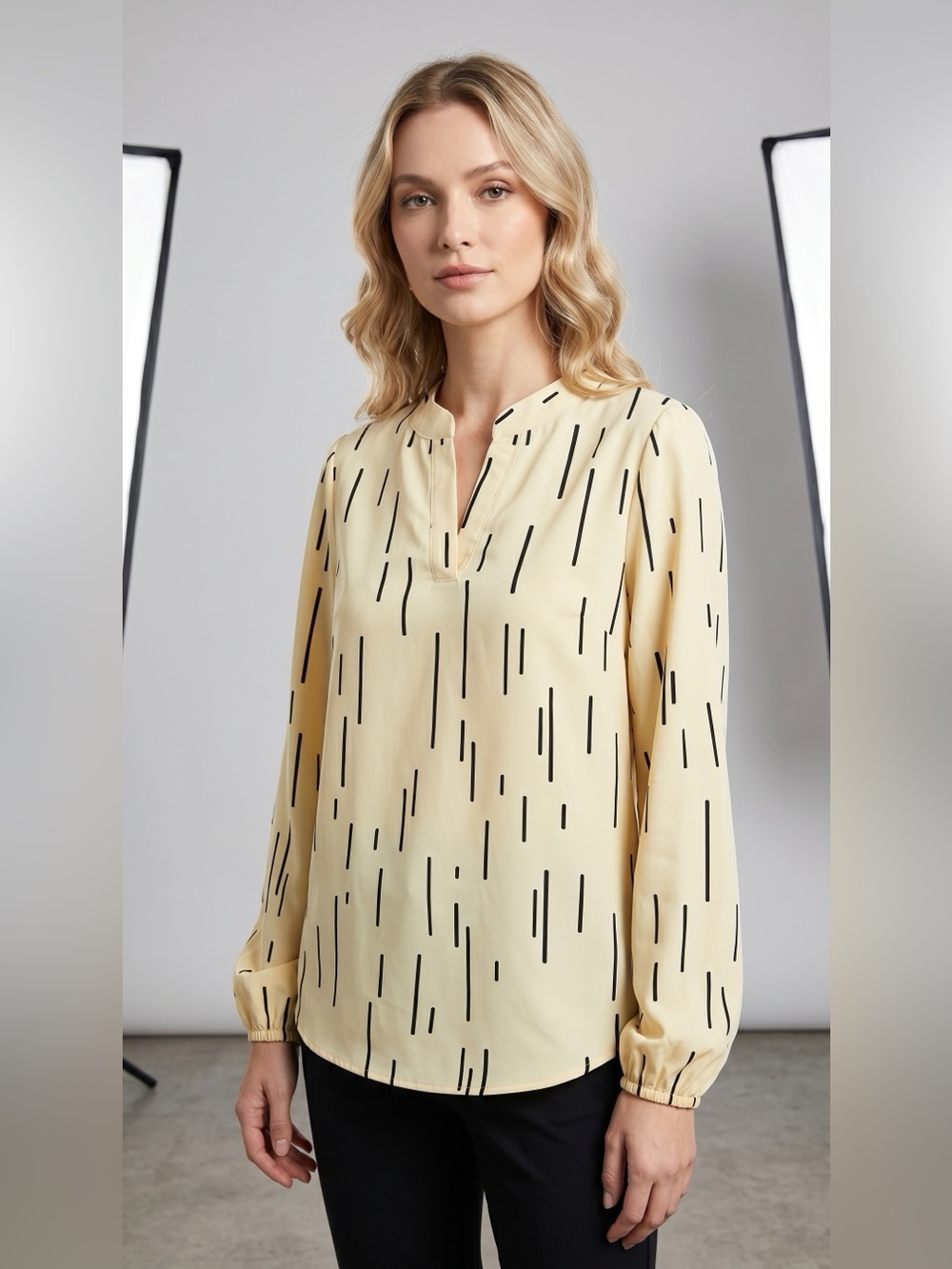 Cream Long Sleeve Split Neck Blouse with Black Dash Print